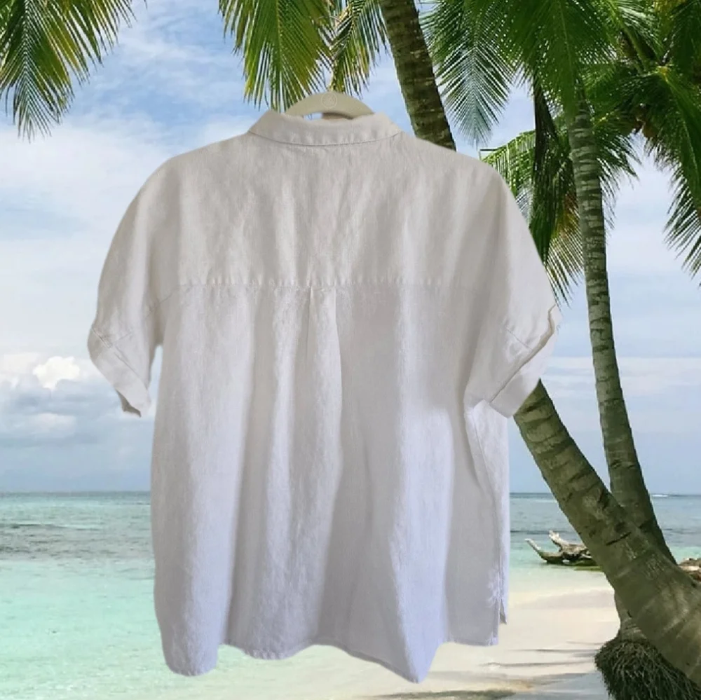 Breezy 100% European Linen Relaxed Fit Shirt by TAHARI Natural Beige Worn Once - Picture 5 of 7